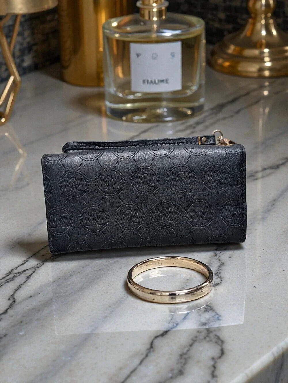 Large Envelope Black M Embossed Faux Leather Wristlet/Wallet (NWOT)